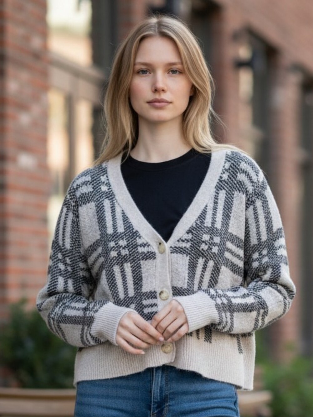 Plaid V-Neck Button Front Cardigan Sweater - Cream & Gray